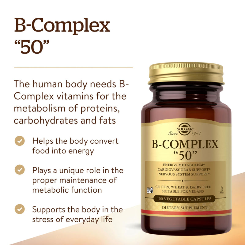 Solgar B-Complex 50", 100 Vegetable Capsules - Energy Metabolism | Cardiovascular Support, Nervous System Support - Non-GMO, Vegan, Gluten Free, Dairy Free, Kosher - 100 Servings 100 Count (Pack of 1)