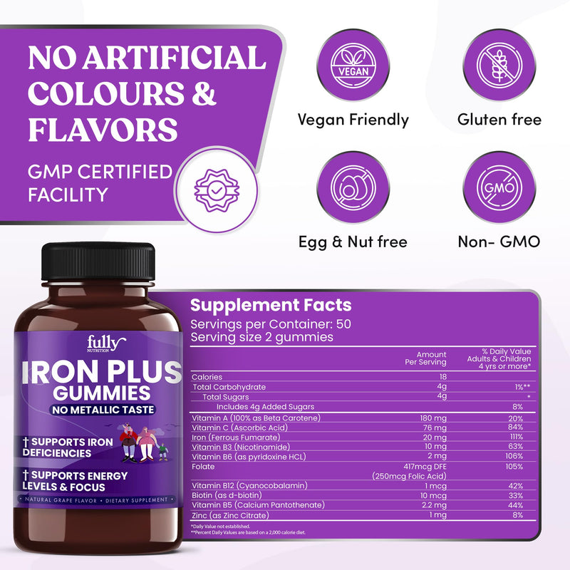 Iron Gummies Supplements for Adults (Women, Men) and Kids – Grape Flavor- Supports Anemia, Energy and Focus Levels – 200 Count 100 Count (Pack of 2)