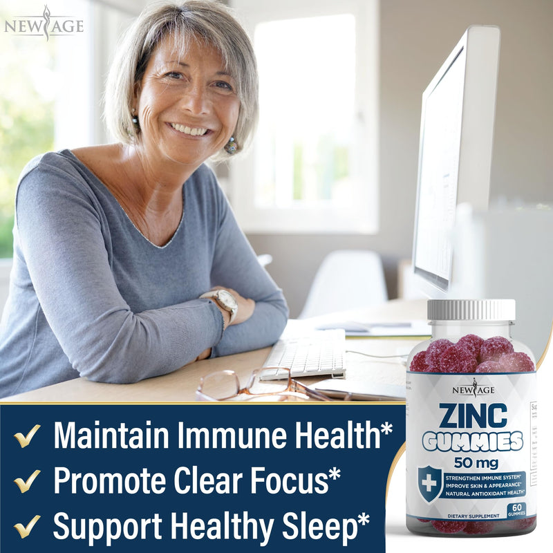 Zinc Gummies - 2 Pack - 50mg High Immune Booster Zinc Supplement, Immune Defense, Powerful Natural Antioxidant, Non-GMO - by New Age, 120 Count 60 Count (Pack of 2) - BeesActive Australia