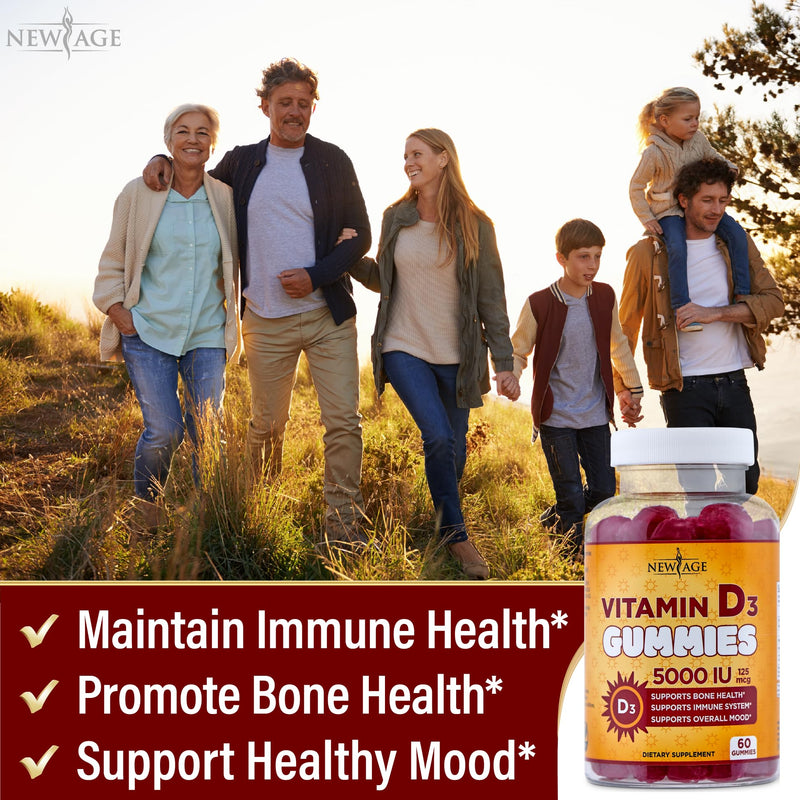 NEW AGE Vitamin D3 5000 IU 125mcg Gummies - Support Immune Support, Strong Bone Health - Non-GMO, Gluten-Free, Dairy-Free, No Gelatin (120 Gummies (Pack of 2)) 120 Gummies (Pack of 2) - BeesActive Australia