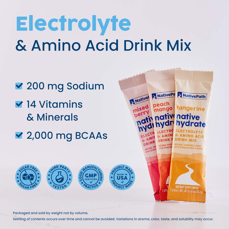 NativePath Hydrate Electrolyte Stick Packs Variety Pack, 30 Count | Mixed Berry, Peach Mango & Tangerine Sticks, 14 Vitamins, 9 Aminos & 2000mg BCAAs, Zero Sugar, Keto