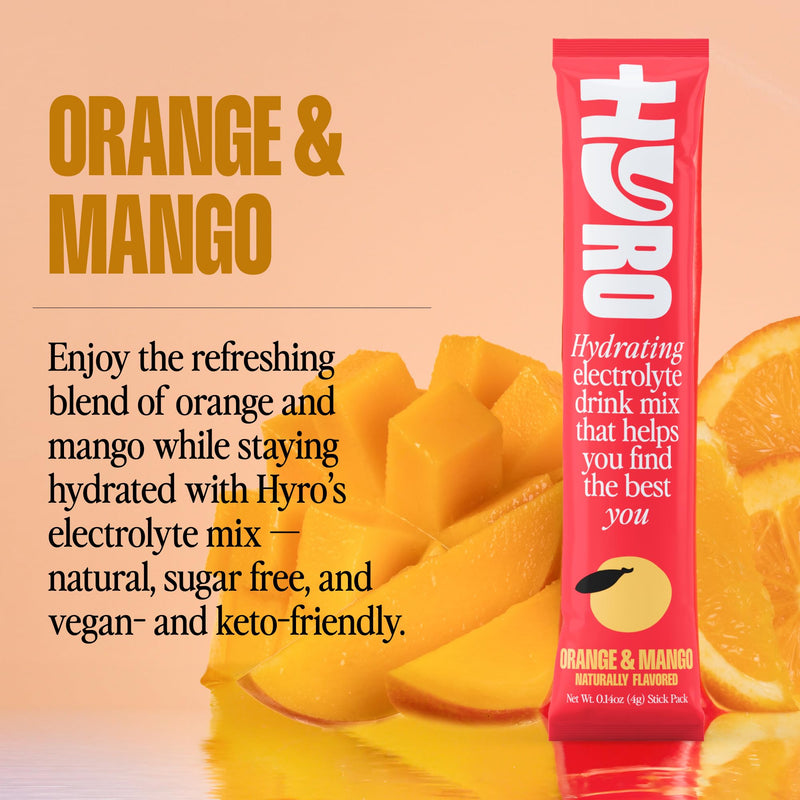 HYRO Electrolyte Powder Packets, Sugar Free, Orange Mango, 15 Count | Magnesium, Potassium & Vitamin C for daily hydration. Keto & Vegan friendly. Sugar-free with no artificial sweeteners added.