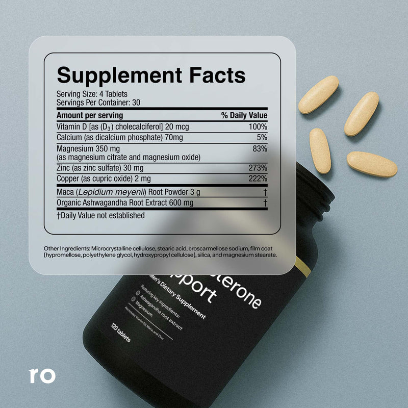 Ro Testosterone Support for Men, 120 Tablets | Daily Nutritional Supplement, Ashwagandha to Support Healthy Testosterone Levels, Magnesium to Promote Muscular Health 120 Count (Pack of 1)