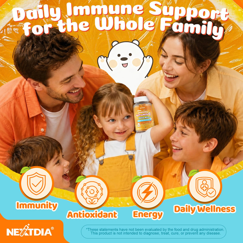 Liposomal Vitamin C Gummies 500mg 1000mg for Kids & Adults, Sugar Free | 3 Forms of Vitamin C + Zinc, D3, Iron, Gentle Buffered Chewable Vit C Supplement, Immune Support, High Absorption, 120 Count 60 Count (Pack of 2)