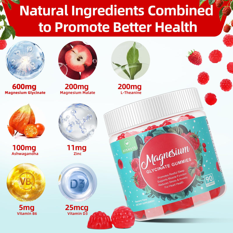 90 Ct Magnesium Glycinate Gummies for Adults Sugar Free | Magnesium Supplement with Glycinate & Malate, L-Theanine, Ashwagandha, Zinc, Vitamin B6 & D3, Supports Relaxation & Sleep Raspberry 90 Count (Pack of 1)