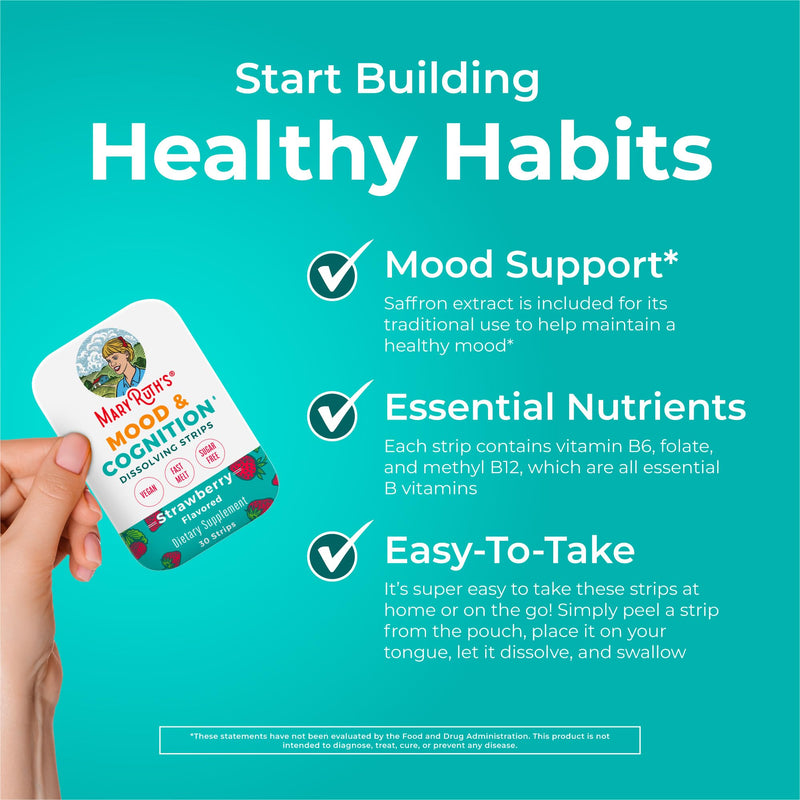 MARYRUTH'S Mood & Cognition Dissolving Strips, Vitamin B12, 30 Count | Vitamin B12, Vitamin B6, Saffron, Folate, Sugar Free