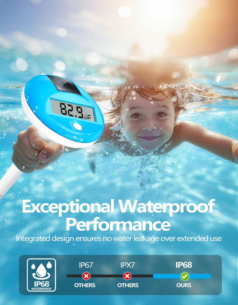 LuxBlue Floating Pool Thermometer Solar Powered | Large LCD Display- Easy to Read | IP68 Waterproof Digital Pool Thermometer with String | Ultra-Precise Pools Water Temperature Gauge for Hot Tub, Spa