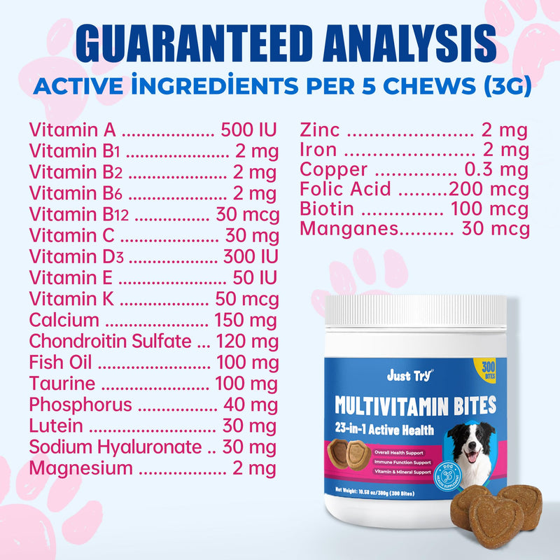 Just Try Taurine for Dog Bites 23-in-1 Multivitamin Chondroitin Sulfate for Joint Health, Omega-3 for Skin Support Dog Vitamins Supplements-10.58oz