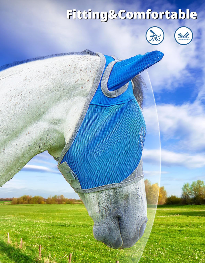 DEERFAMY Fly Masks for Horses,Breathable UV Protection Net Mesh Mask Stretchy Mesh Large Eye Space in Full Coverage,Soft & Gentle on Skin,with Ears,No Nose (Blue, M) Blue Arab/Small Horse(M) - BeesActive Australia