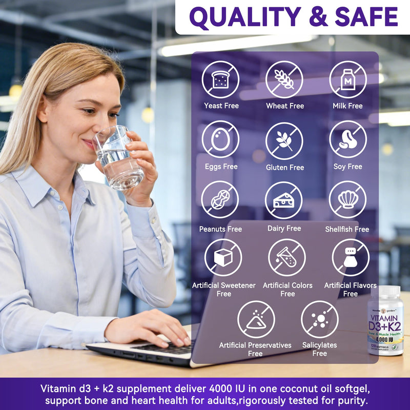 4000 IU Vitamin D3 & 200 mcg K2 MK-7 Vitamin K2 (MK7) with D3 Supplement Supports Bone, Calcium Balance, Immunity & Mood 2 in 1 Formula Easy to Swallow D & K Complex, 120 Softgels