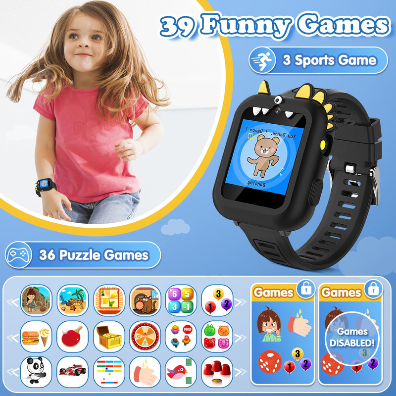 Kids Smart Watch Boys Gift Age 3-12 with 39 Games Alarm Clock Camera Video Music Player Pedometer Flashlight 12/24 hr HD Touch Screen Kids Watch Christmas Birthday Toys for Boys Ages 4 5 6 7 8 9 10 Black - BeesActive Australia