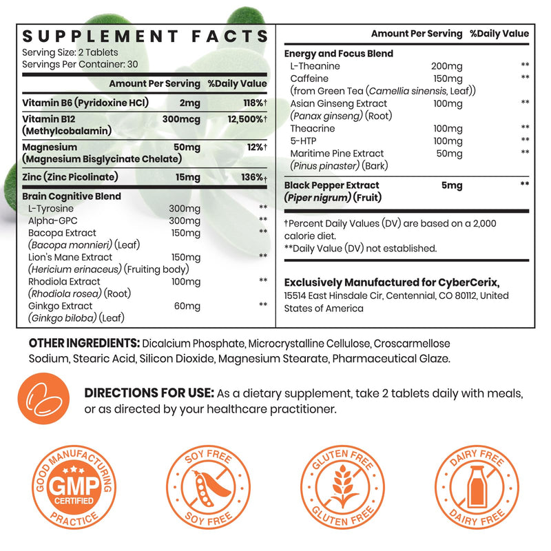17-in-1 Brain Supplement for Memory and Focus - Nootropic Brain Supplement for Concentration, Clarity, Energy & Focus - Natural Caffeine Blend with Vitamins, Amino Acids & Herbal Extracts - 60 Tablets 60 Count (Pack of 1)