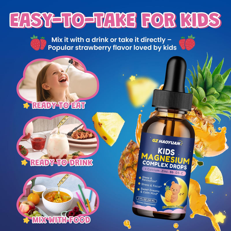 Magnesium Complex Liquid for Kids - Magnesium Glycinate, Malate, Taurate, Citrate with Calcium, Omega-3, L-theanine, Zinc,Vitamin B6 D3 C for Sleep, Relaxation, Calm & Focus, Pineapple Flavor, 2 Fl Oz 2 Fl Oz (Pack of 1)