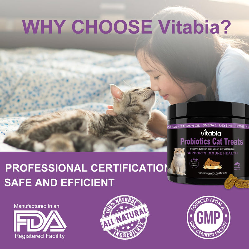 Probiotics for Cats with Lysine, Omega 3 Fish Oil & Vitamins | Cat Treats for Itchy Skin, Allergies and Flea Treatment | Digestive Health & Immune Support | Cat Food Supplements (120 Count) 160 Count