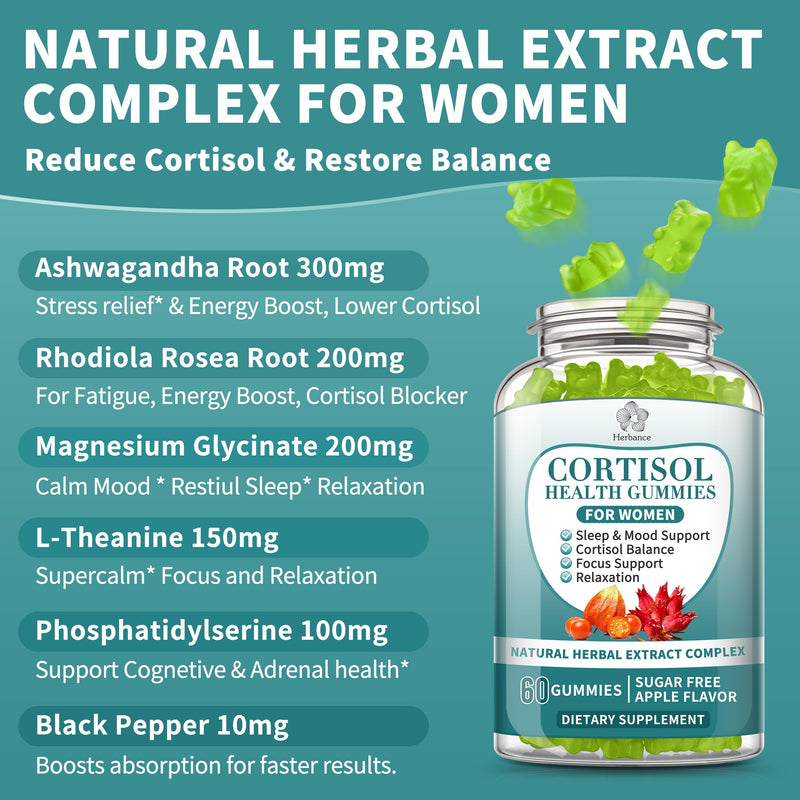 Cortisol Supplements Gummies for Women, Cortisol Reducer w.Ashwagandha Rhodiola Rosea Magnesium L-Theanine Phosphatidylserine Black Peper, Hormone Balanced & Lower Cortisol - 30 Day Vegan Supply 60 Count (Pack of 1)