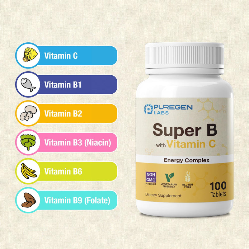 Puregen Labs Super B Energy Complex with Vitamin C - Immune Health, Energy & Nervous System Support - Non-GMO, Gluten-Free 100 Vegetarian Tablets 1