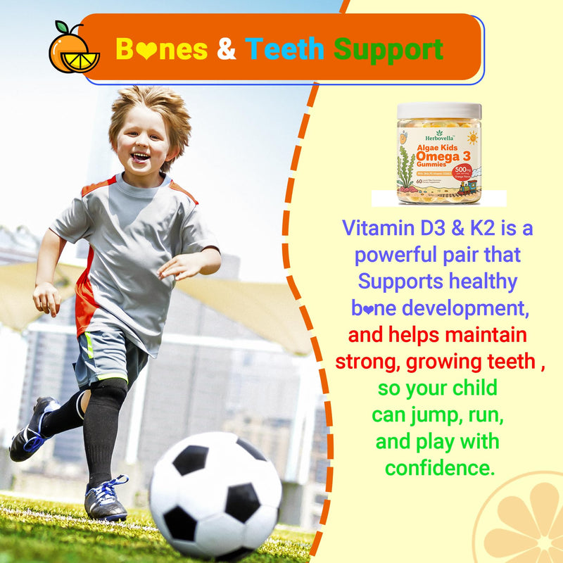 Algae Omega 3 Gummies for Kids - 500mg with DHA, Phosphatidylserine, Vitamin D3 & K2 - Sugar Free DHA Supplement for Brain& Eye - Fish Oil Alternative - Vegan, 60 Count 60 Count (Pack of 1)