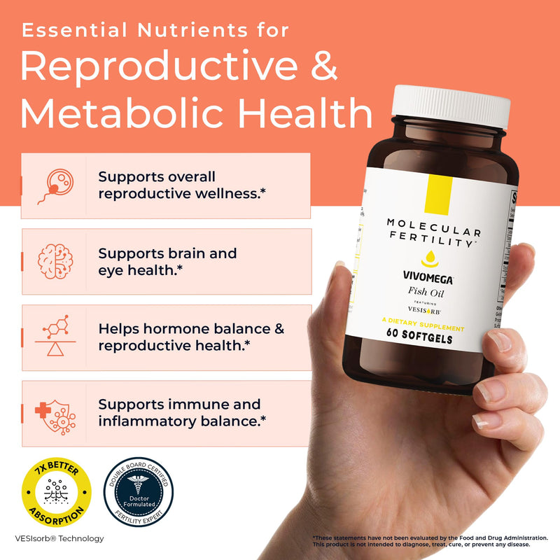 VIVOMEGA Fish Oil with VESIsorb® - Fertility Supplement for Women & Men - Doctor Formulated EPA DHA Omega 3 Fatty Acids, Vitamin D3 K2 for Reproductive Wellness - 60 Softgels