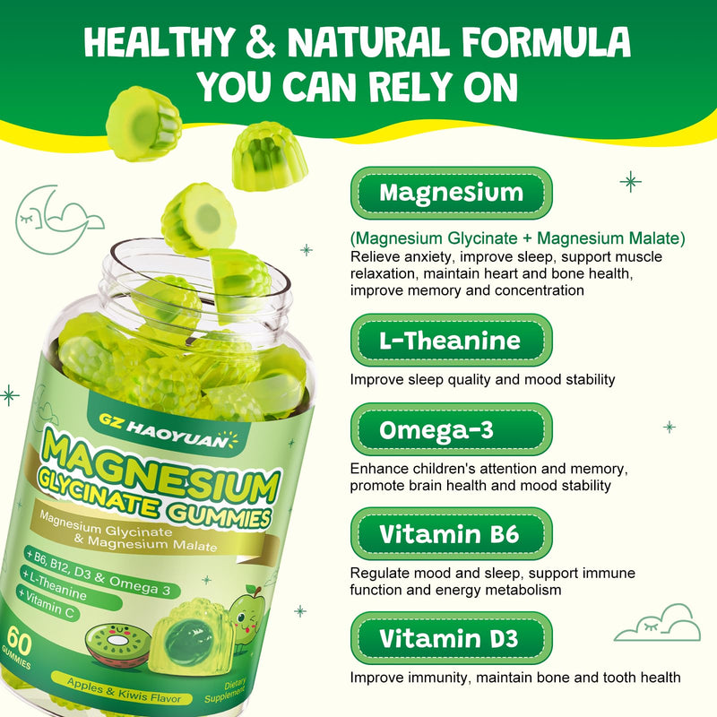 Magnesium Glycinate Gummies for Kids & Adults - Sugar Free Magnesium Malate with L-Theanine, Omega-3, Vitamin D3, B6, B12, C- Sleep, Calm, Relaxation, Brain, Bones, Green Apple & Kiwi, 60ct (2 Pack) Green Apples and kiwis 60 Count (Pack of 2)