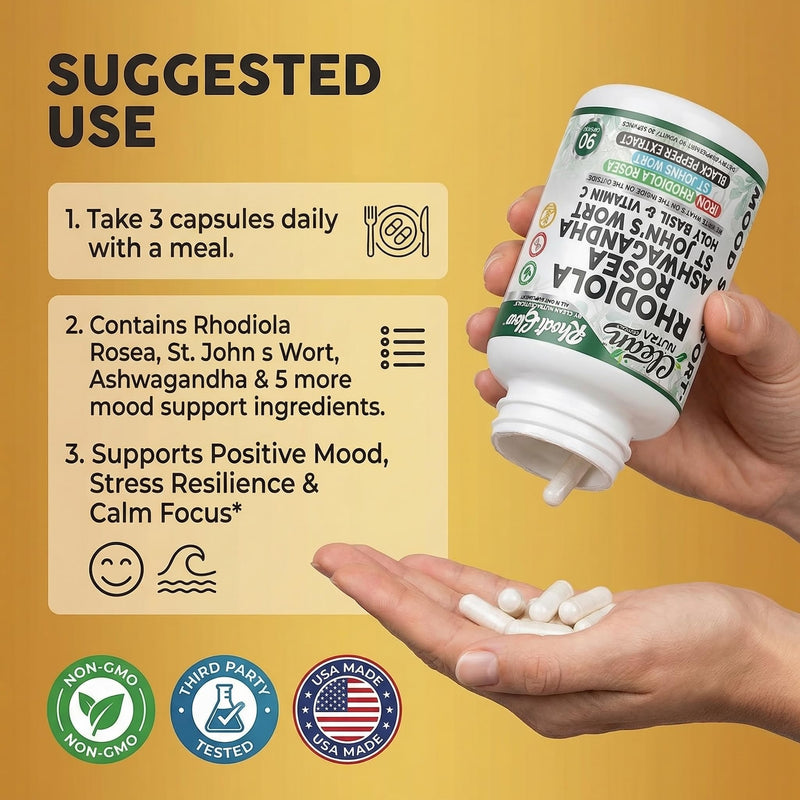 RhodiGlow Rhodiola Rosea Mood Support Supplement + Ashwagandha St Johns Wort Holy Basil Vitamin C Iron Black Pepper By Clean Nutra