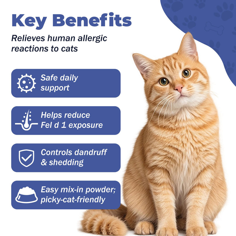 Cat Allergy Relief for Cats - Indoor Cat Allergen Neutralizer - Allergen spray alternatives - Cat Allergy Powder – cat dander remover - IgY Whole Egg Powder + Omega-3 & Quercetin – 2.1 oz Powder