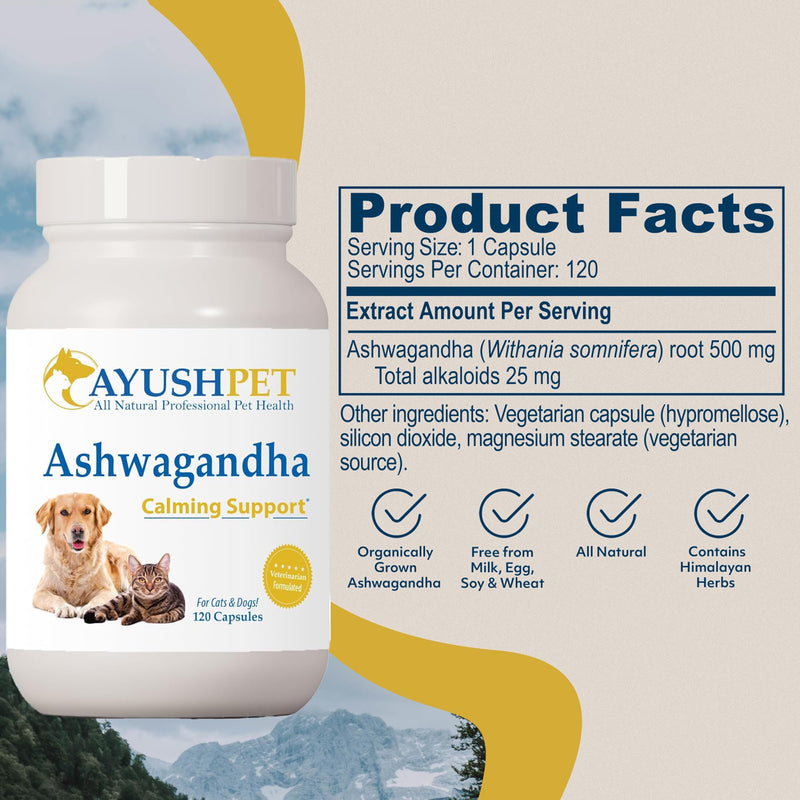 Ayush Pet Ashwagandha Capsules for Dogs & Cats - Organic Ashwagandha Root Extract for Calm and Daily Balance, Adaptogenic Wellness Supplement for Pets, 500mg Per Capsule - 120 Servings