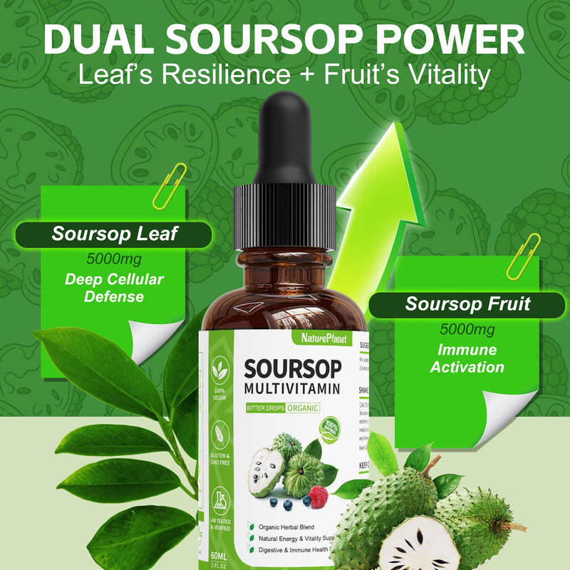 NaturePlanet Soursop Bitters Liquid 5000mg Immune Gut Support Vegan 2 Fl Oz | Soursop Multivitamin, 10 Herbal Bitters Blend, Soursop Extract, Digestive Health, Gluten-Free, Non-GMO, Nature's Heal