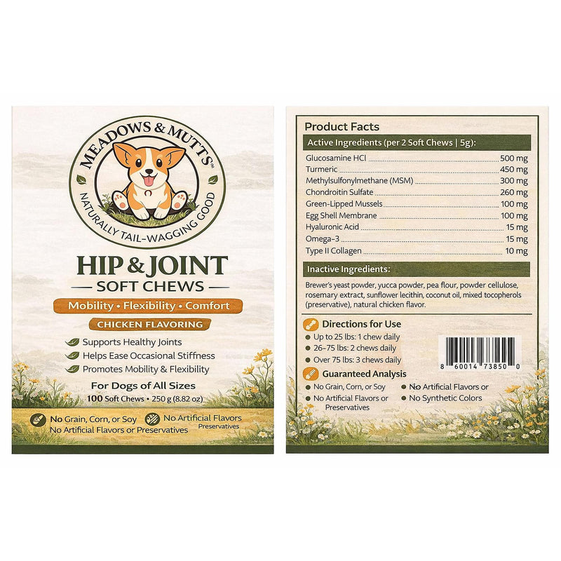 Meadows & Mutts Hip and Joint Supplement for Dogs - Glucosamine Chews for Dogs with Chondroitin, MSM & Green Lipped Mussel - Joint Support & Mobility, Chicken Flavor Soft Chews - 100 Ct