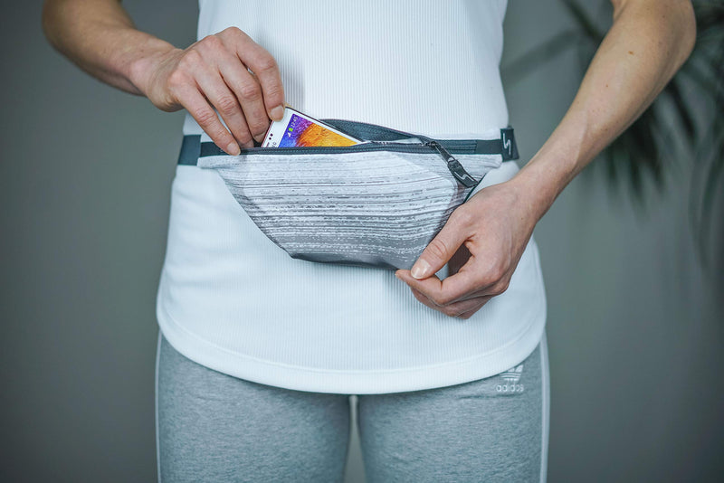 Sprigs Fit Belt 1 Pocket Slim Fanny Pack for Women & Men, A Sweat Resistant Waist Pack That Can Be Hidden. Money Belt and Fanny Pack Used for Fitness, Travel, Working Out, & Running Gray Blitz/Black