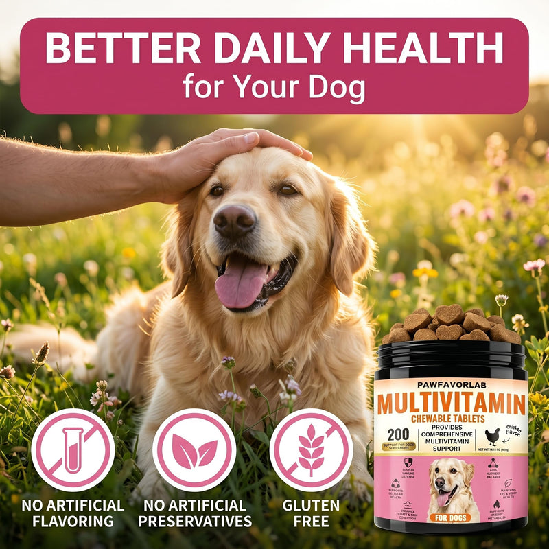 Dog Multivitamin Chewable Tablets (200 Count) – 24 in 1 Chicken Flavor Daily Dog Supplements & Vitamins with Glucosamine, Pumpkin, Krill Oil, Chondroitin, Probiotics & Omega-3 for Dogs of All Ages