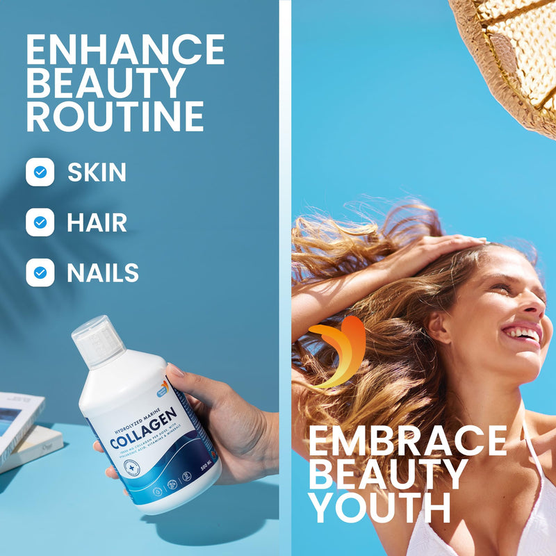 Swedish Nutra Marine Collagen 10,000 mg Liquid, 500 ml, 20 Day | 10,000mg marine collagen with hyaluronic acid, biotin & vitamin C for healthy hair, skin, nails & joints; sugar-free Liquid Marine Collagen 10000mg x 500 ml