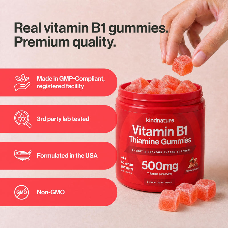 kindnature Vitamin B1 Gummies 500mg – High Potency Thiamine Supplement for Energy, Focus & Nervous System – Vegan, Non-GMO Chewable B1 Vitamins for Adults & Kids – Natural Strawberry Flavor – 60 Ct