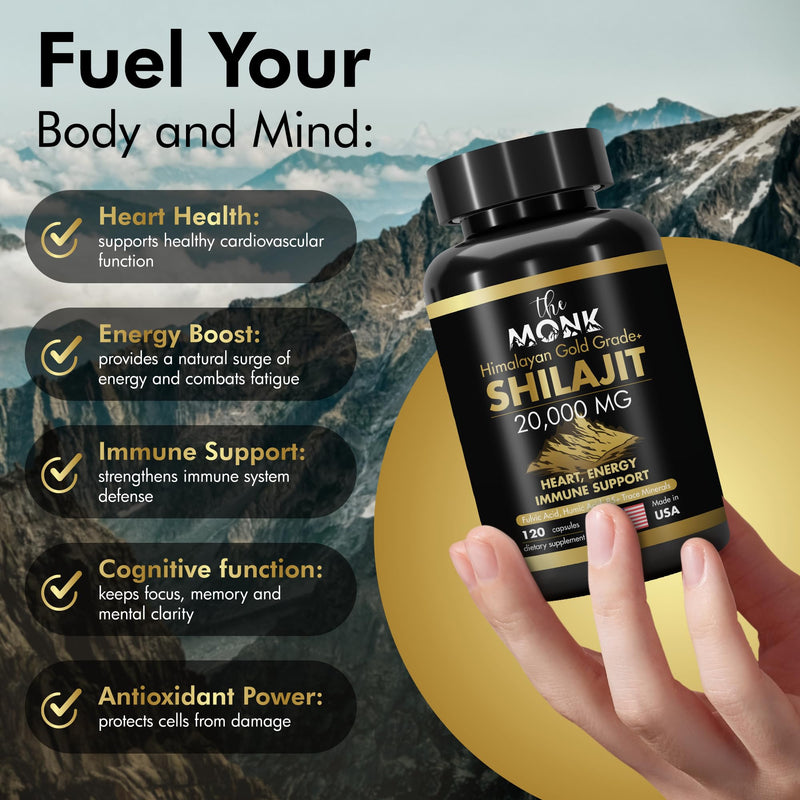 Himalayan Shilajit with Fulvic Acid, Humic Acid, 85+ Minerals- Gold Grade Plus - Same as Resin - Energy, Stamina, Brain Support - 20,000mg, 120 Capsules - Made in The USA - BeesActive Australia