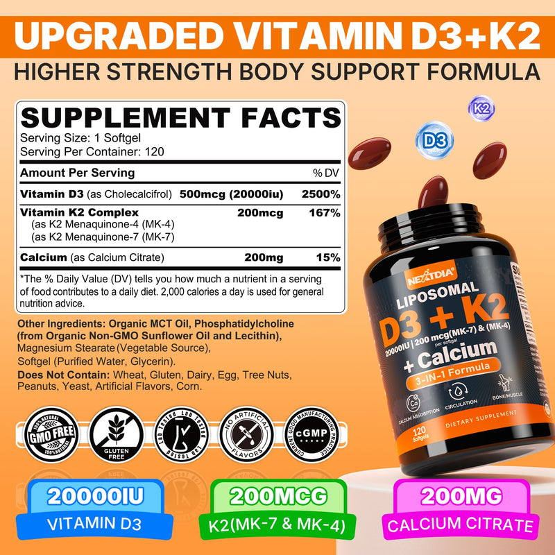 Vitamin D3 20,000 IU + K2 Vitamin (MK4 & MK7) 200mcg + Calcium Citrate, Optimal Vitamin D3 K2 Softgel - Strong Bone & Muscle, Calcium Absorption, Helping Vitamin D Deficiencies, Easy to Swallow, 1Pack 120 Count (Pack of 1)