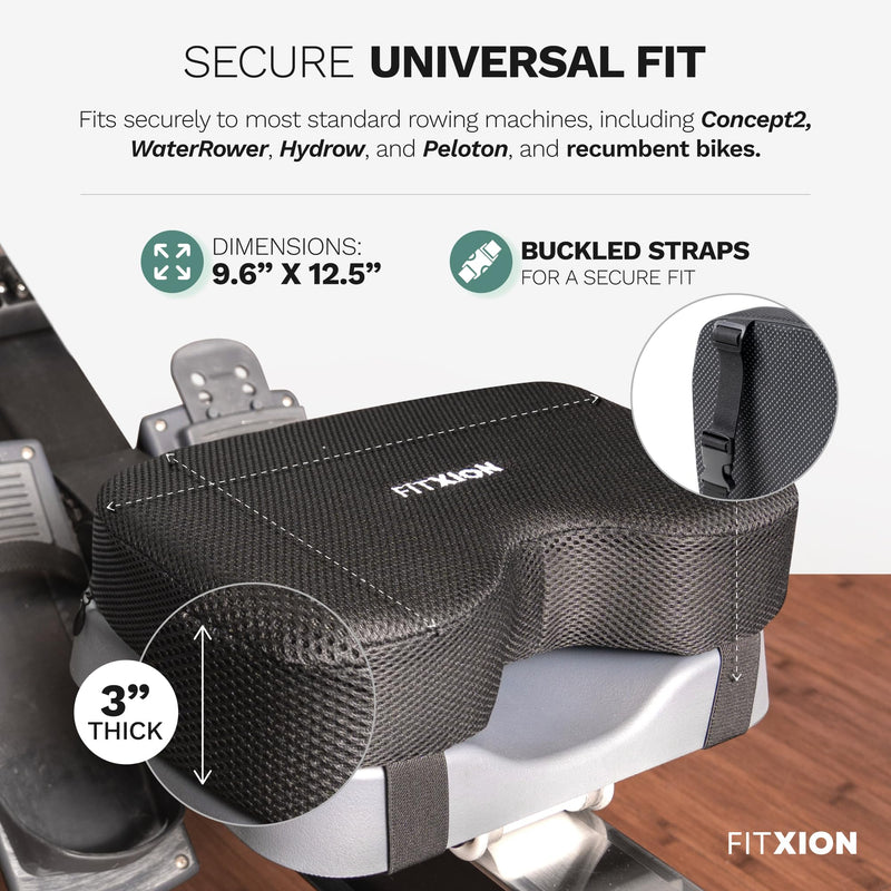 Rowing Machine Seat Cushion – Ergonomic Tail Bone Comfort Memory Foam Pad for Concept 2, Water Rower, Peloton or Recumbent Bike. Anti-Slip Base, Buckled Straps for Indoor Rowing Workouts