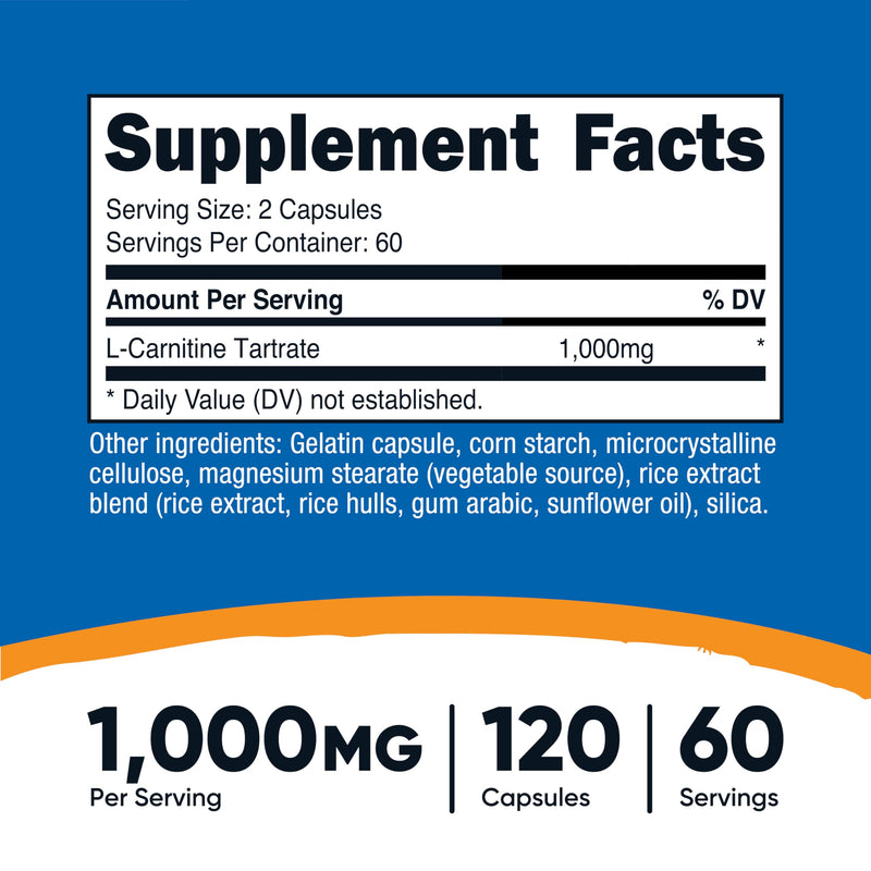 Nutricost L-Carnitine Tartrate 1000mg, 120 Capsules, 60 Servings | 500mg Per Capsule 120 Count (Pack of 1)