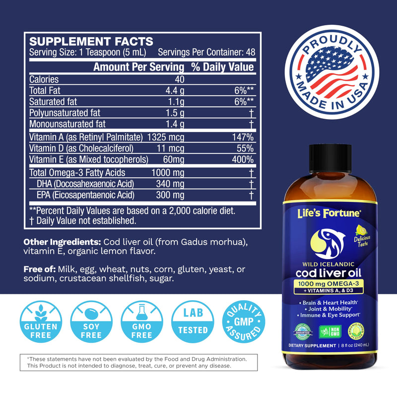 Life's Fortune Cod Liver Oil Liquid Organic Lemon Flavor (8 Oz) 1,000 mg Omega + Vitamin A, E & D3 - Supports Immune Health - 100% Fish Oil Supplement from Wild Ocean Cod-GMO Free 8 Fl Oz (Pack of 1)