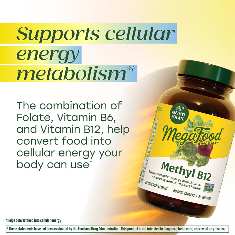 MegaFood Methyl B12, Cellular Energy Metabolism Support, 60 Mini Tablets | With Methylated B12, Methylfolate & Vitamin B6, Supports Brain & Nervous System Function & Heart Health, Vegan, 60 Servings 60 Count (Pack of 1)
