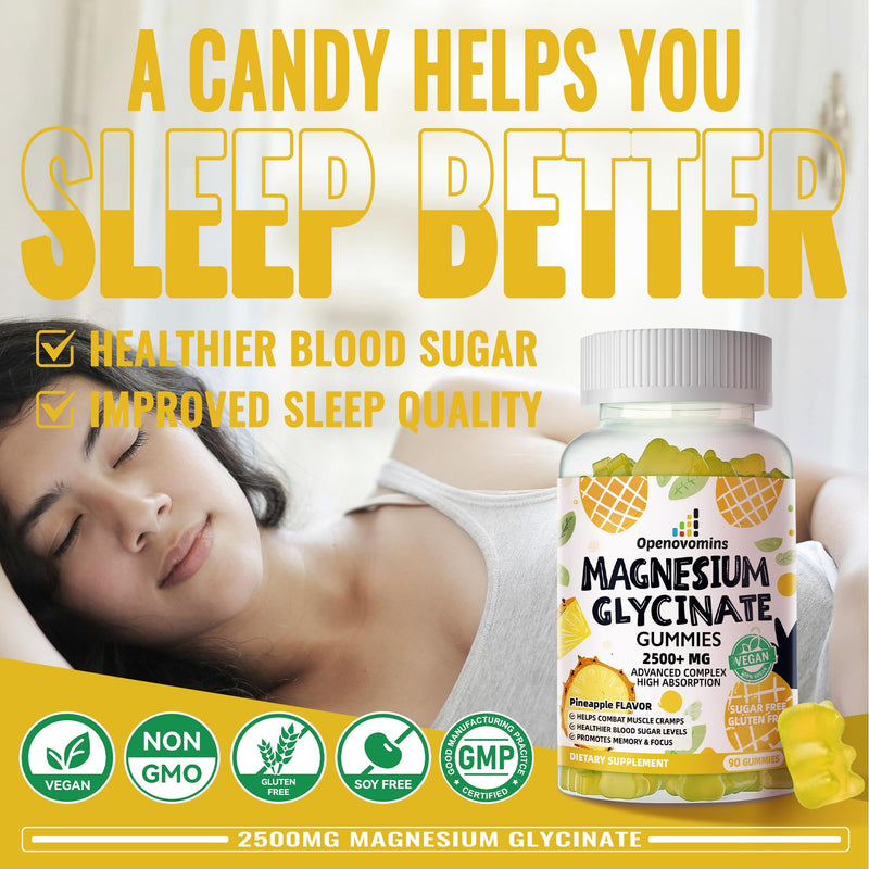 Magnesium Glycinate Gummies 2500mg - Sugar Free Magnesium Potassium Supplement with Vitamin D, B6, CoQ10 for Calm Mood & Sleep Support - 90 Pineapple Gummies 90 Count (Pack of 1)