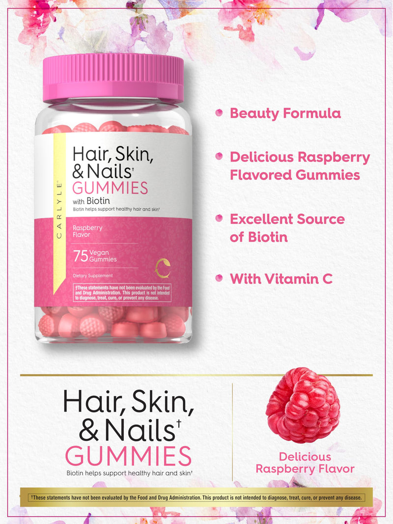 Carlyle Hair Skin and Nails with Biotin 2500mcg | 75 Gummies | Beauty Formula with Vitamin C & E | Raspberry Flavor | Non-GMO, Gluten Free Supplement