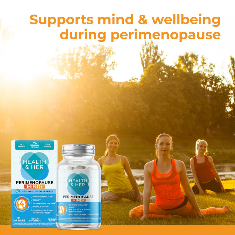 Health & Her Mind+ Perimenopause Dietary Supplement, 30 Day Supply | 4-in-1 daily multivitamin for women during perimenopause, with Ashwagandha & Red Clover; Vegan, gluten-free; 30 capsules