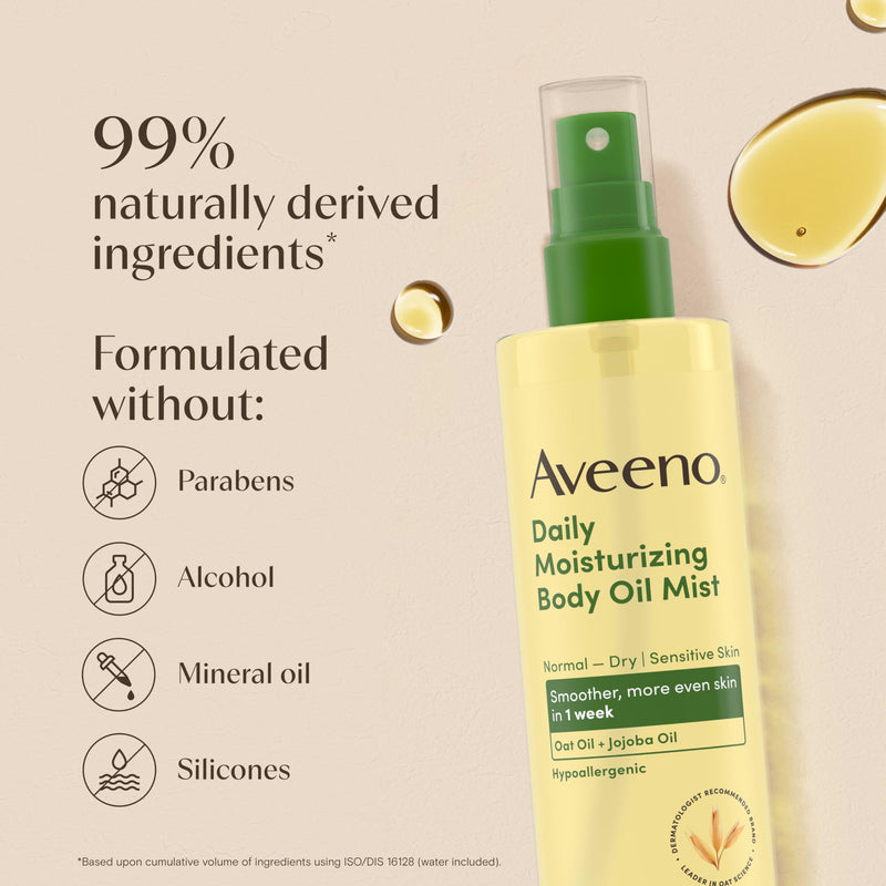 Aveeno Daily Moisturizing Body Oil Mist, Oat Oil & Jojoba Oil, 0.8 fl. oz | Nourishing Body Spray For Rough, Dry Sensitive Skin, For Smoother, More Even Skin, Paraben- & Silicone-Free