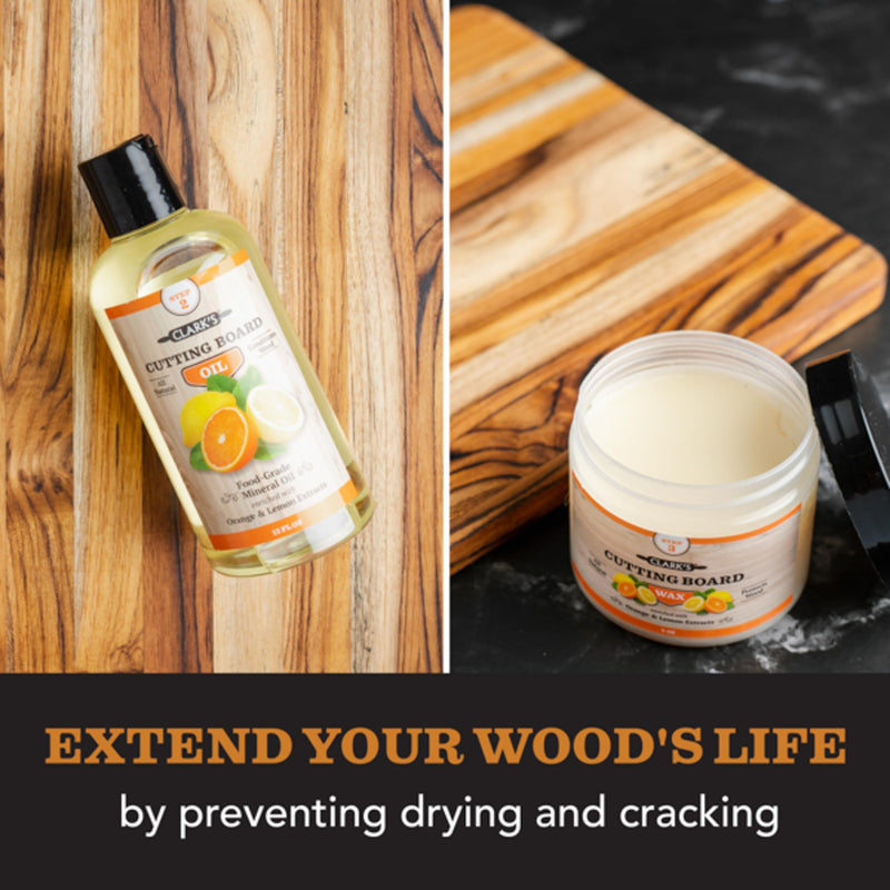 CLARK'S Cutting Board Oil And Wax Kit - All Natural Food Grade Mineral Oil - 2-Step Set To Restore And Preserve Your Boards Natural Beauty - Easy To Apply - 100% Natural Food Grade Ingredients Orange-Lemon (NEW) - BeesActive Australia