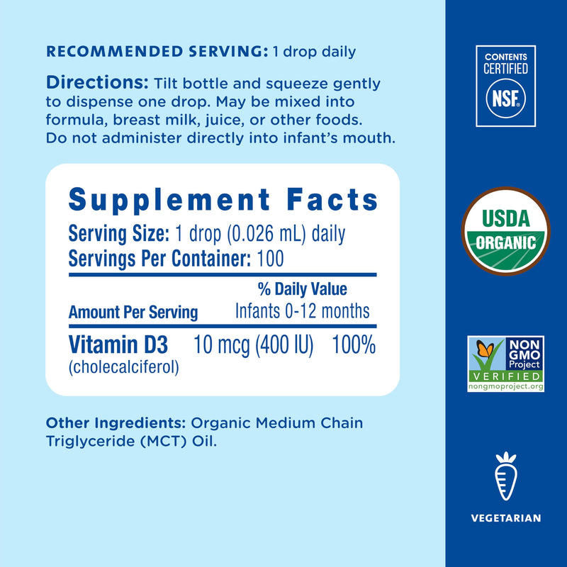 Mommy's Bliss Organic Baby Vitamin D Drops, 0.11 Fl Oz, Pack of 2 | Infant Vitamin D3 Drops Promote Healthy Growth and Bone Development | Newborn+ Unflavored 0.11 Fl Oz (Pack of 2)