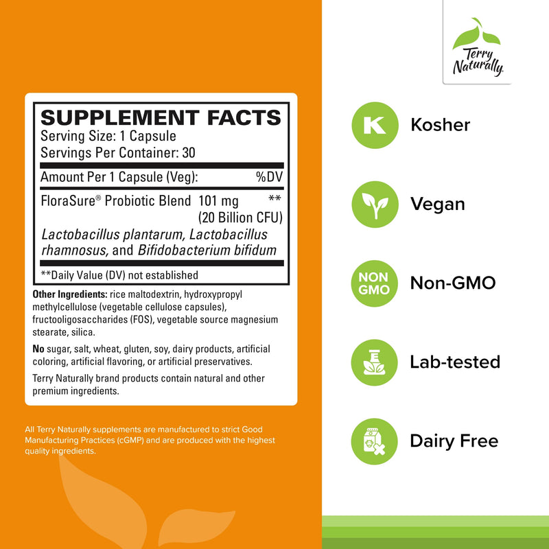 Terry Naturally FloraSure Probiotic - Gut Microbiome Balance - 30 Count | Gut Microbiome Balance and Digestive Comfort Support. 30 capsules.