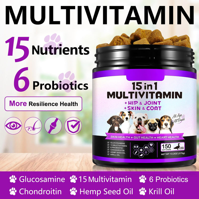 Dog Multivitamin Chewable,15-in-1 Dog Vitamins & Supplements for Dogs, Hip & Joint Supplements, Immune System, Skin & Coat, Gut Health, for All Ages All Breeds(150 Chews Duck Flavor)