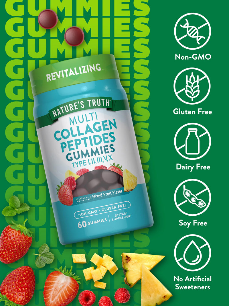 Nature's Truth Multi Collagen Gummies | Type I, II, III, V, X | 60 Count | Non-GMO & Gluten Free Complex Supplement | Mixed Fruit Flavor 60 Count (Pack of 1)