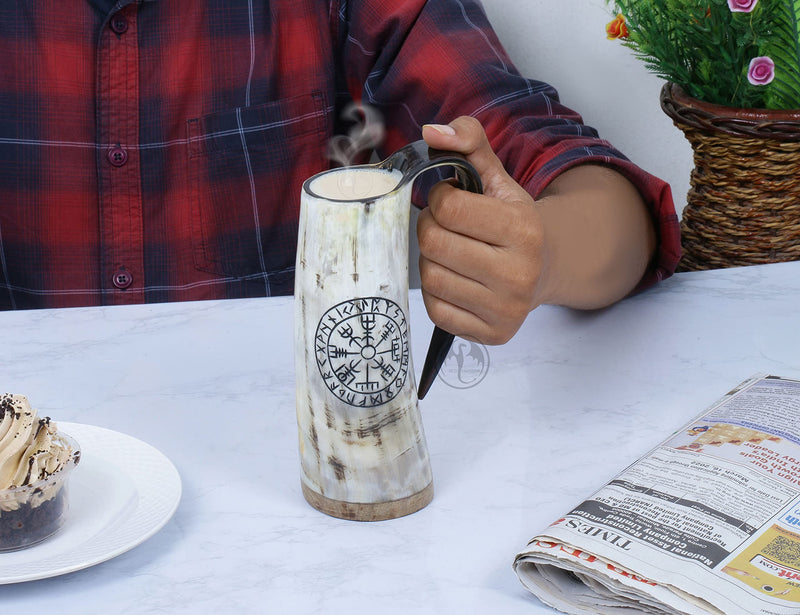Viking Drinking Coffee Mug- 12oz| Gifts for Men & Women| Real Ox Horn| Food Grade Medieval| Hot and Cold Liquids| Engraved Natural Shine Finish (Compass) Coffee Viking, Natural