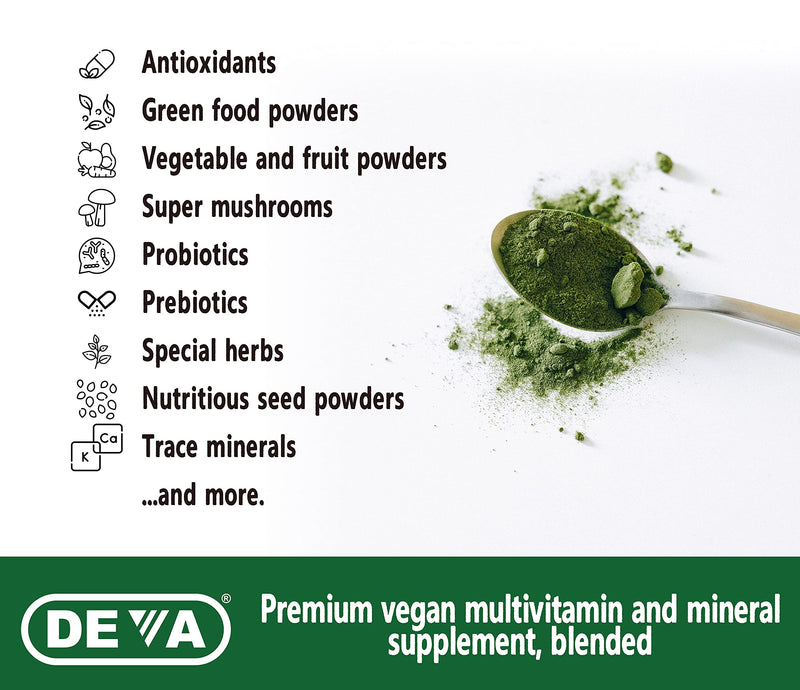 DEVA Tuba Prime Vegan Multivitamin Iron-Free - High-Potency Vitamin & Mineral Dietary Supplement - Antioxidants, Fruit & Vegetable Blend, Super Mushrooms, Probiotics, Prebiotics, Seeds, Herbs 90 Tabs 90 Count (Pack of 1)