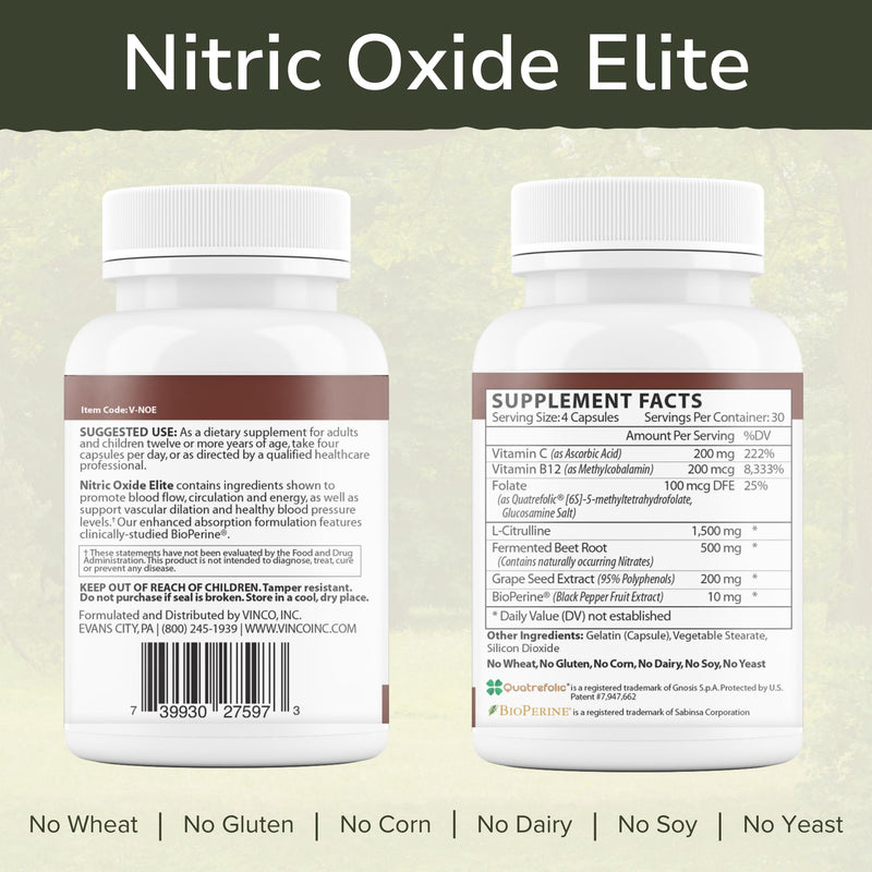 Vinco Inc - Nitric Oxide Elite Daily Blood Pressure Supplement | (120 Capsules) | Beet Root & Grape Seed Extract | Supports Circulation, Blood Pressure & Energy | Gluten Free &